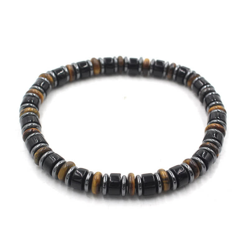 Buddha Stones Black Obsidian Hematite Hand Polished Ethnic Luck Flat Bead Bracelet