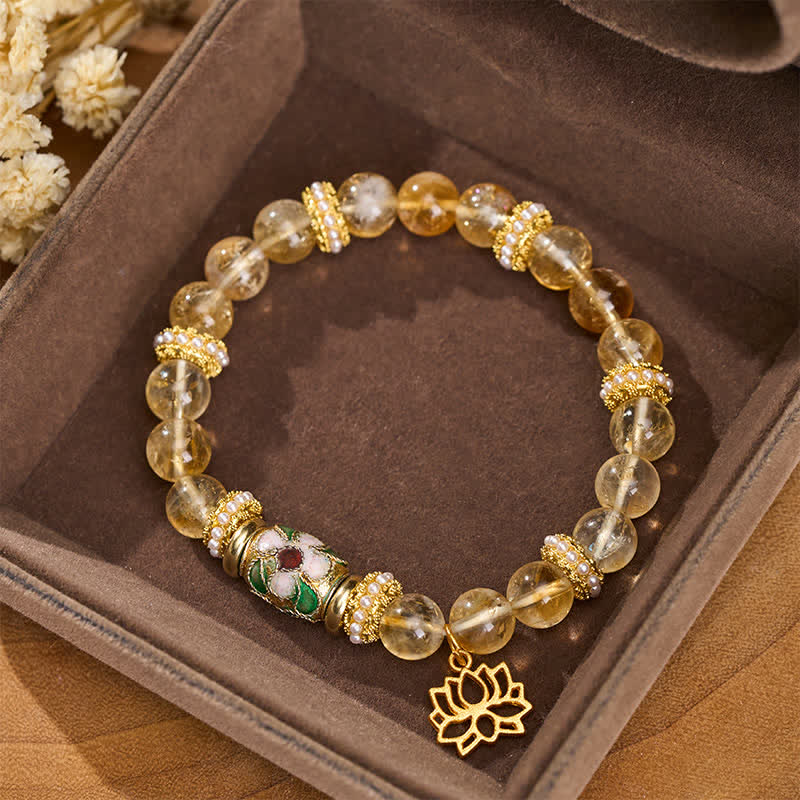 Buddha Stones Citrine Lotus Pendant Enamel Barrel Bead Abundance Hand-polished Round Bead Bracelet