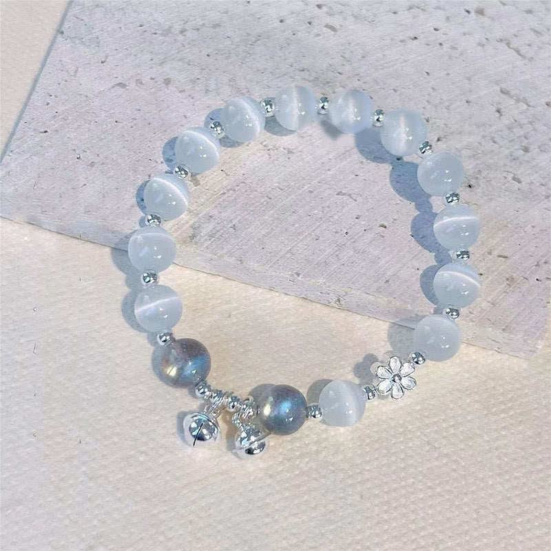 Buddha Stones Cat’s Eye Crystal Peach Blossom Bell Fu Character Charm Support Bracelet