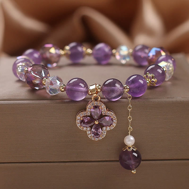 Buddha Stones “All the best for Calm and Wisdom” Amethyst Flower Bracelet Includes Gift Message Card
