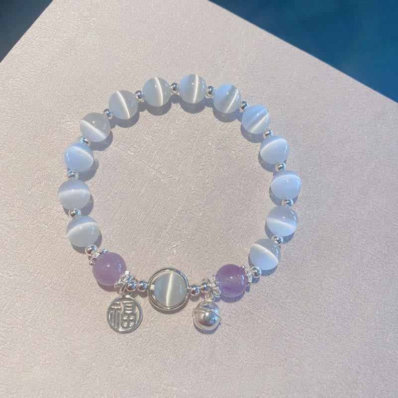Buddha Stones Cat’s Eye Amethyst Fu Character Bell Charm Support Bracelet