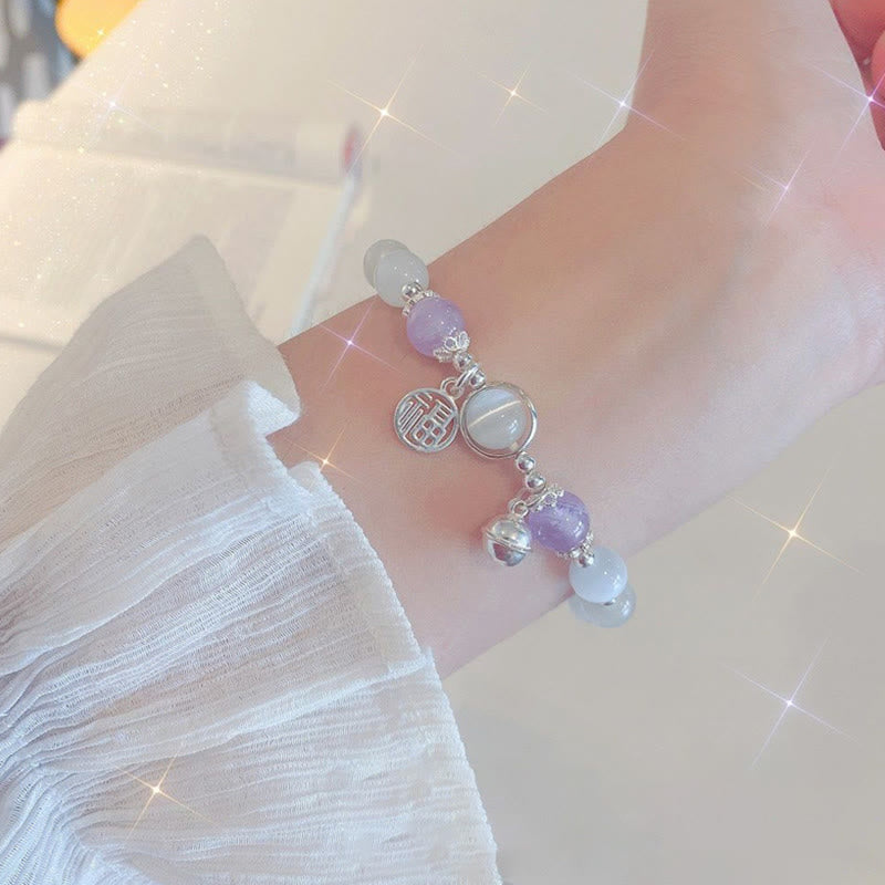 Buddha Stones Cat’s Eye Amethyst Fu Character Bell Charm Support Bracelet