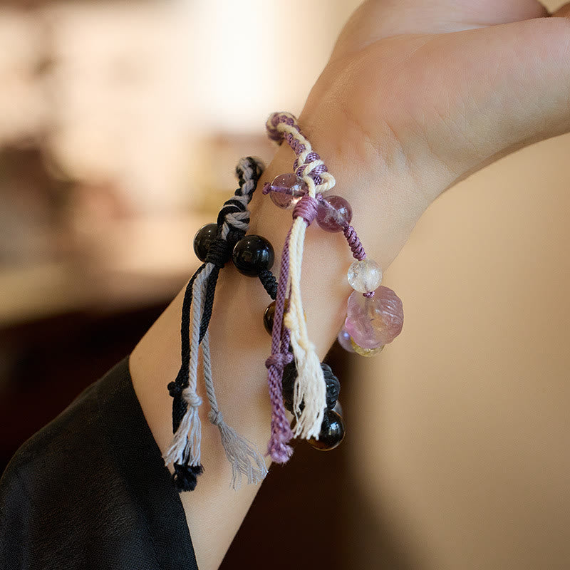 Buddha Stones Natural Fluorite Amethyst Silver Sheen Obsidian Tiger’s Eye Protection Rope Bracelet