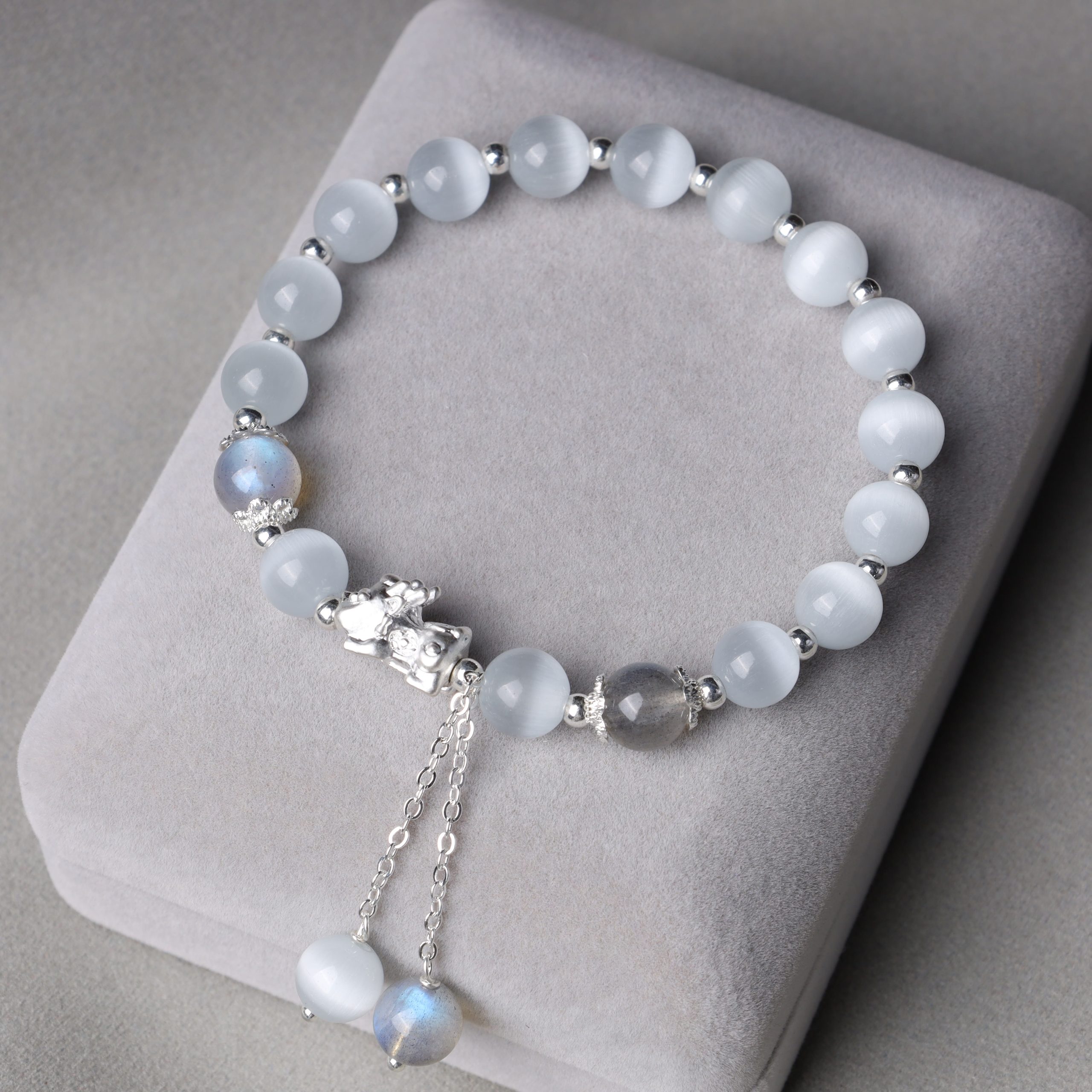Buddha Stones Natural Cat’s Eye Moonstone Strawberry Quartz PiXiu Support Bracelet