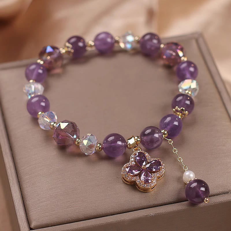 Buddha Stones “All the best for Calm and Wisdom” Amethyst Flower Bracelet Includes Gift Message Card