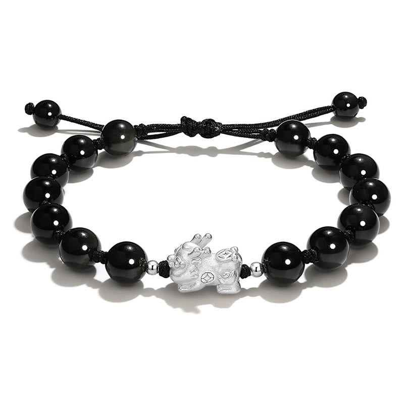 Buddha Stones Natural Black Obsidian Cat’s Eye Pink Crystal PiXiu Strength Bracelet