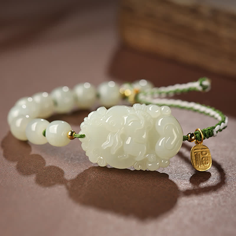 Buddha Stones 925 Sterling Silver Chinese Zodiac Hetian Jade Happiness Luck String Bracelet