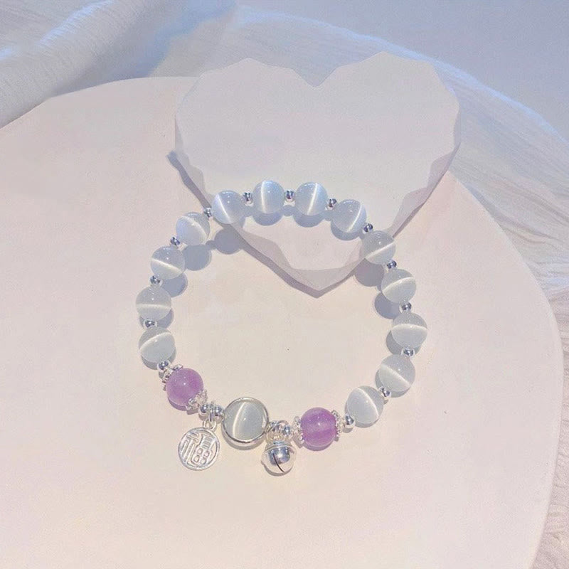 Buddha Stones Cat’s Eye Amethyst Fu Character Bell Charm Support Bracelet